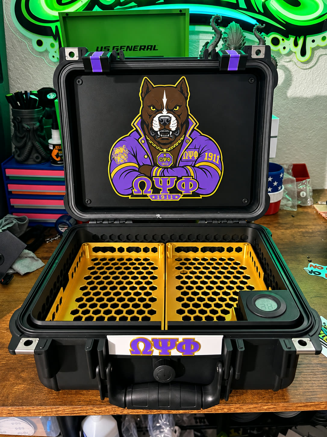Yellow printed insert fitted to the inside of a carry case