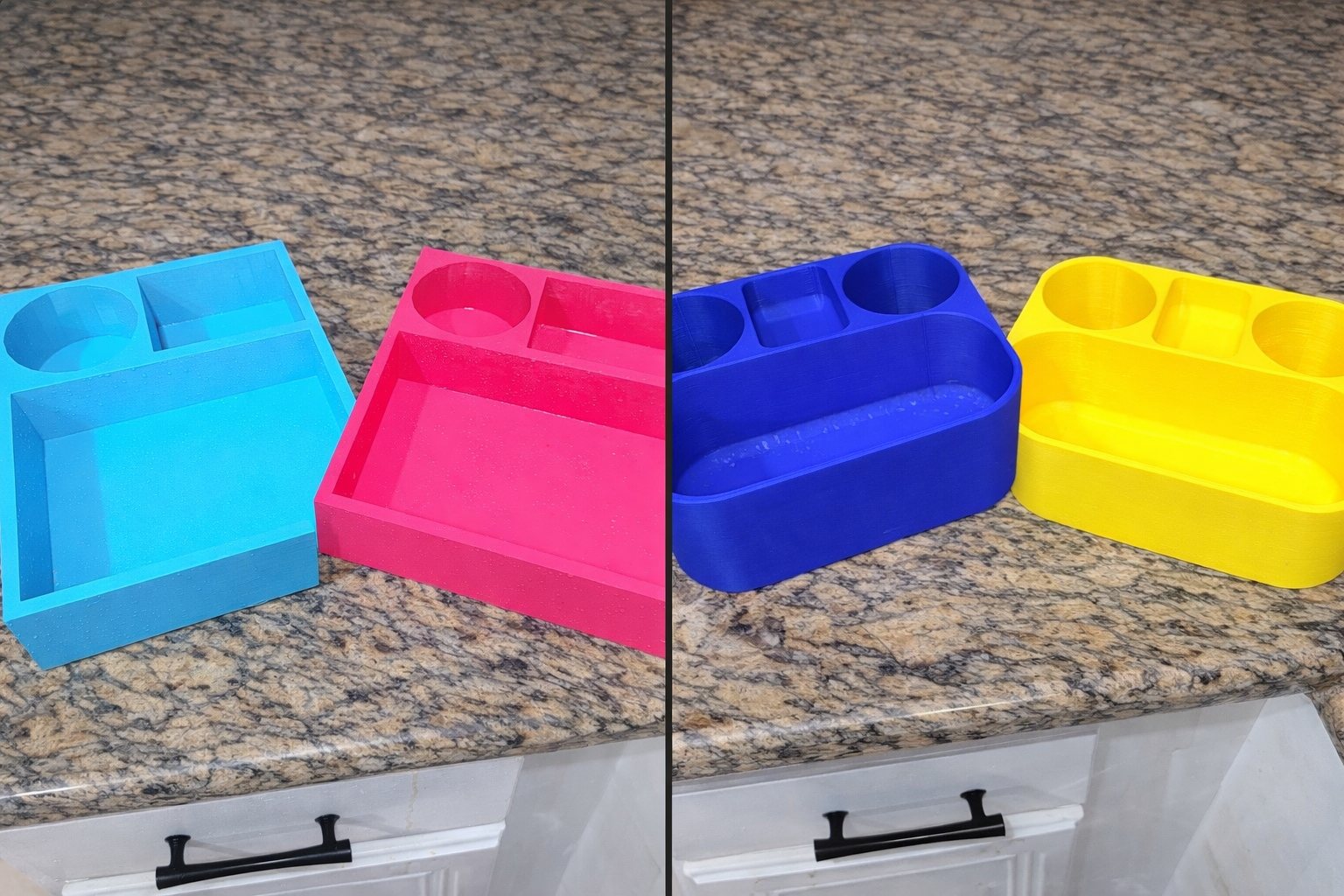 Colorful fitted trays and organizers in blue, pink and yellow