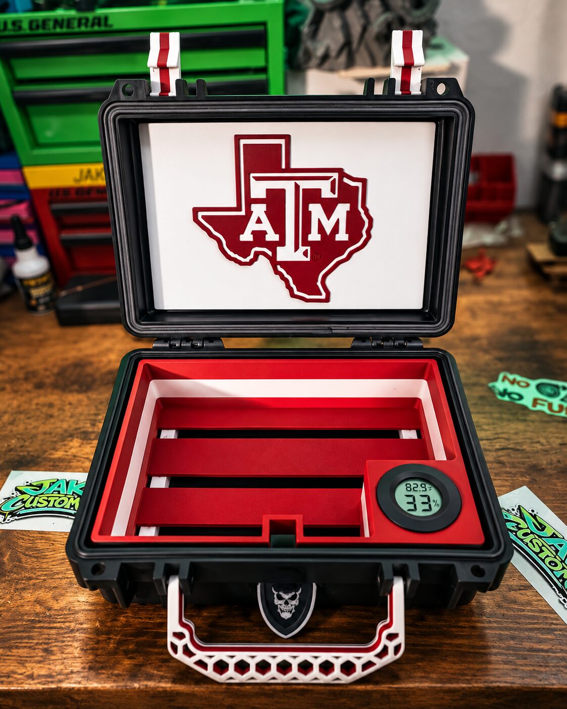 Open Texas A&M presentation case with a fitted red insert