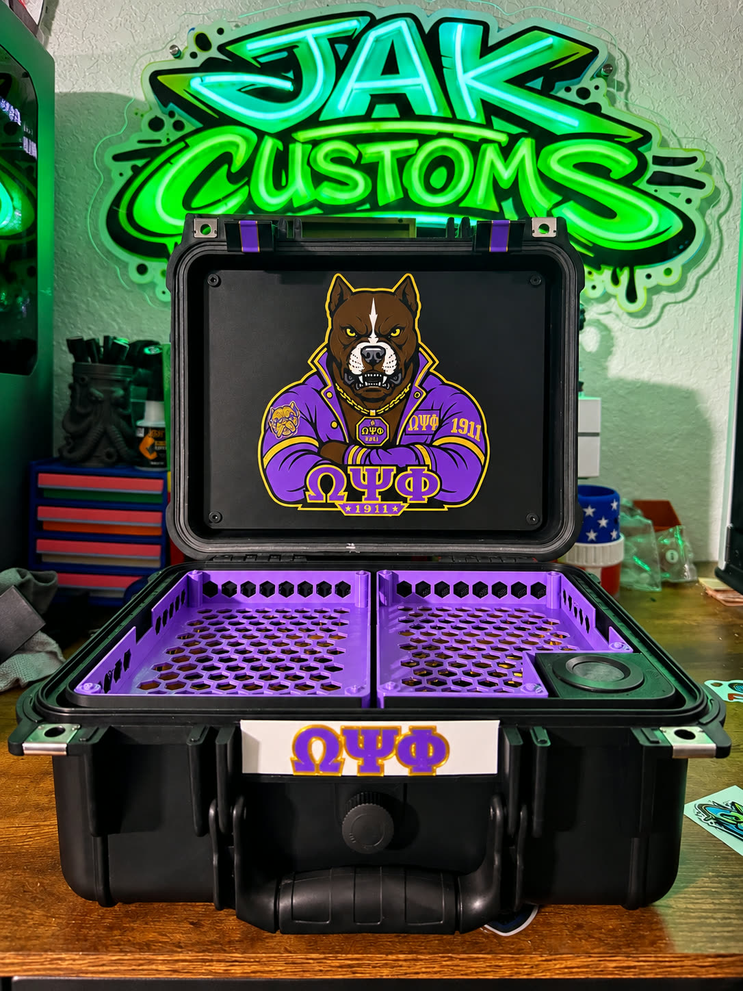 Purple custom printed tray organizing tools inside a case