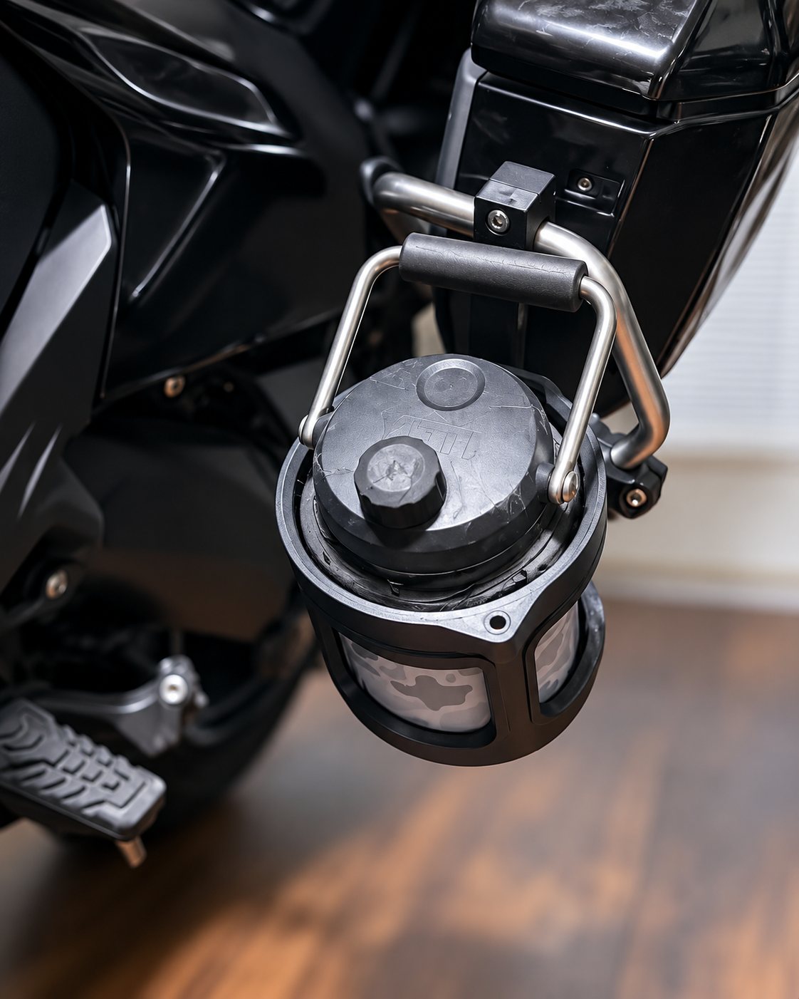 Close-up of a custom mounted accessory on a motorcycle