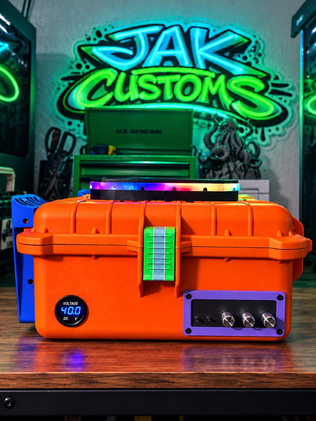 Orange custom carry case with green accents and a nameplate