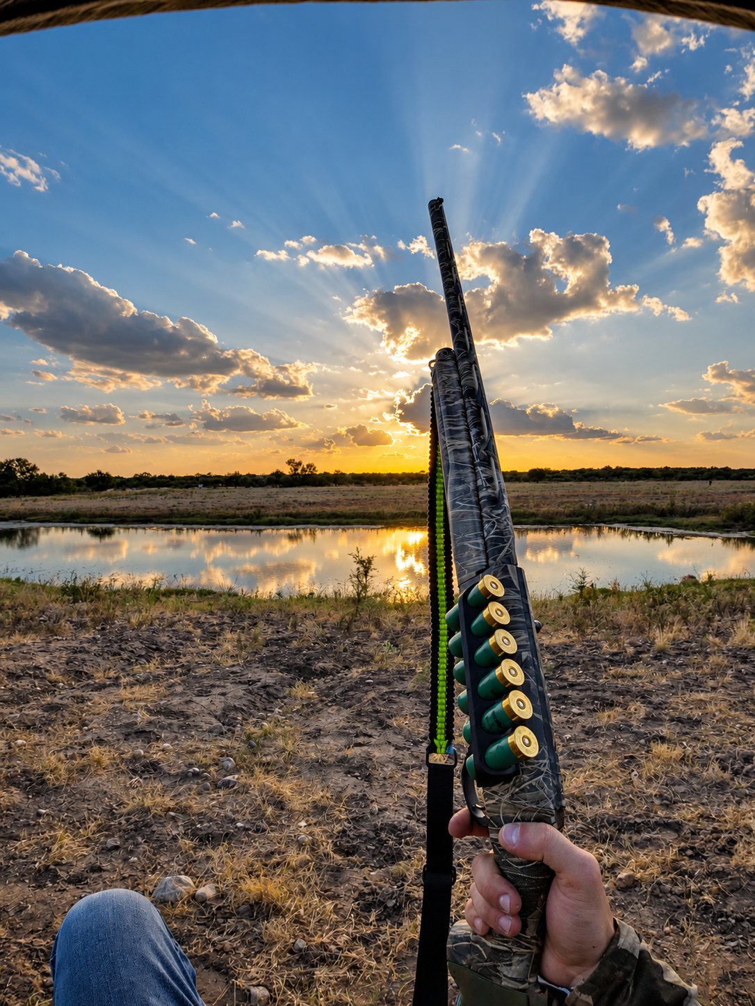 Long custom printed accessory shown outdoors at sunset