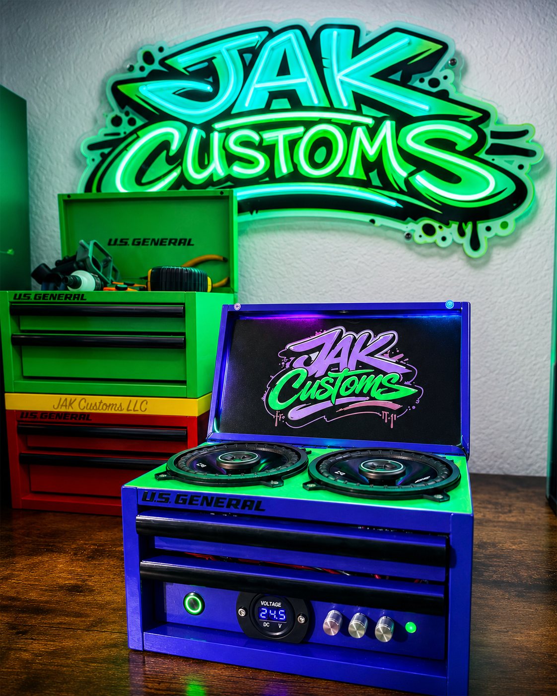 Custom speaker enclosure with a backlit JAK Customs sign