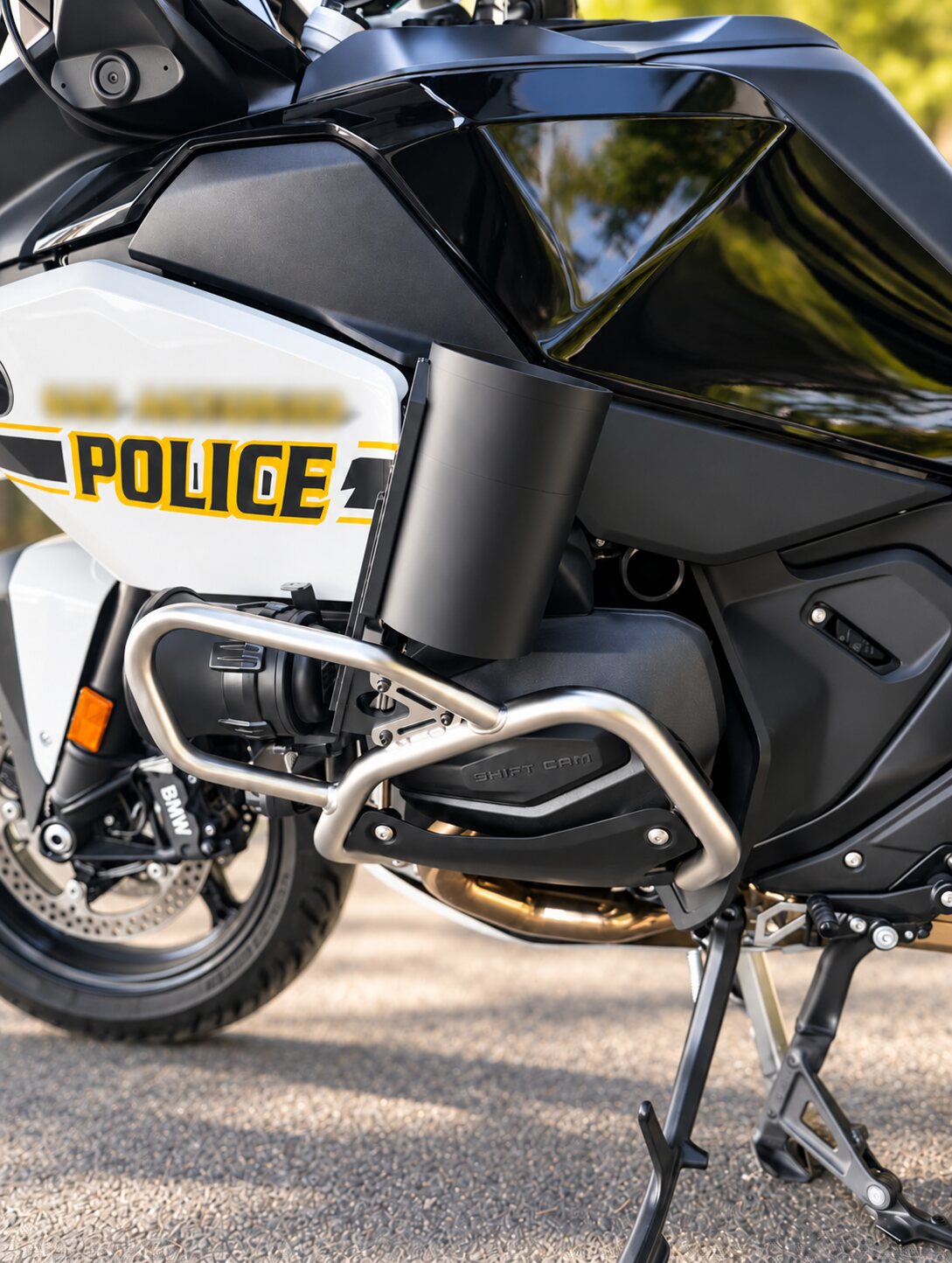 Police motorcycle with custom siren cover and engine guards