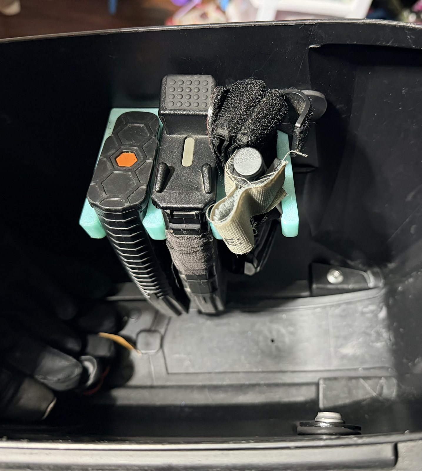 Close-up of a fitted printed motorcycle accessory