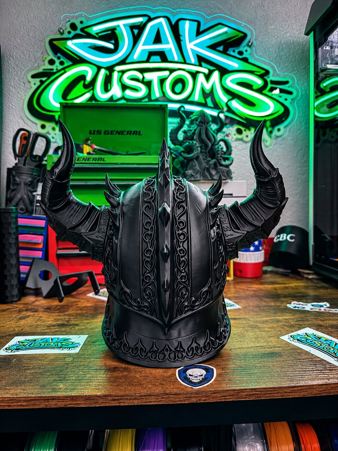 Black sculpted creature helmet, rear view