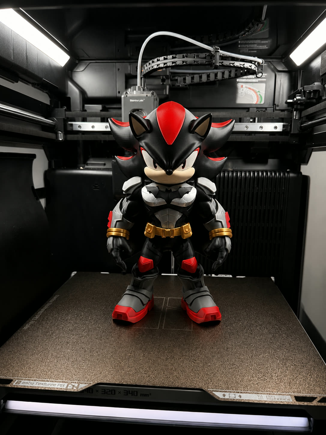 Black and red hedgehog character figure on a printed base