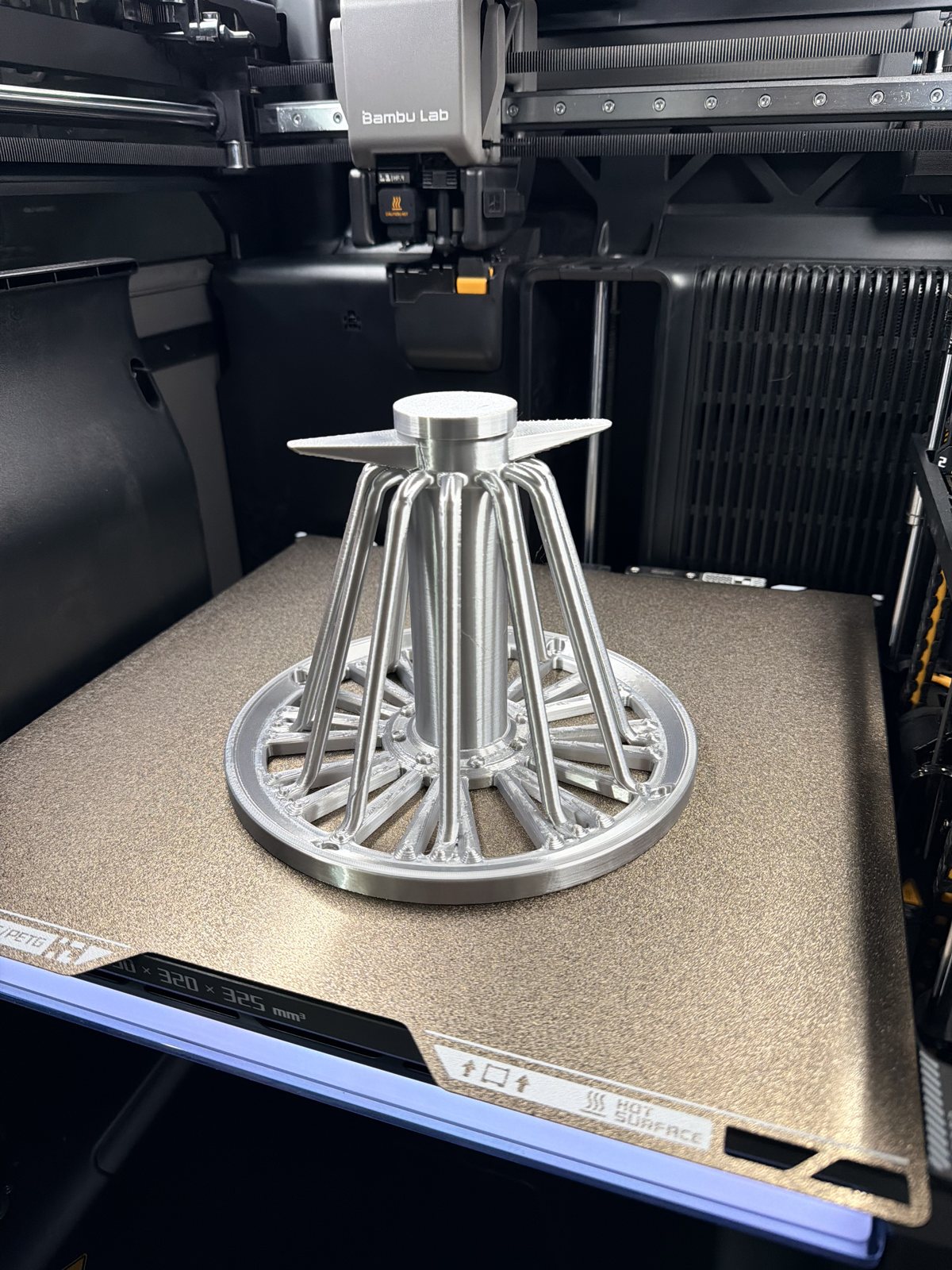 Silver printed stand fresh off the printer bed