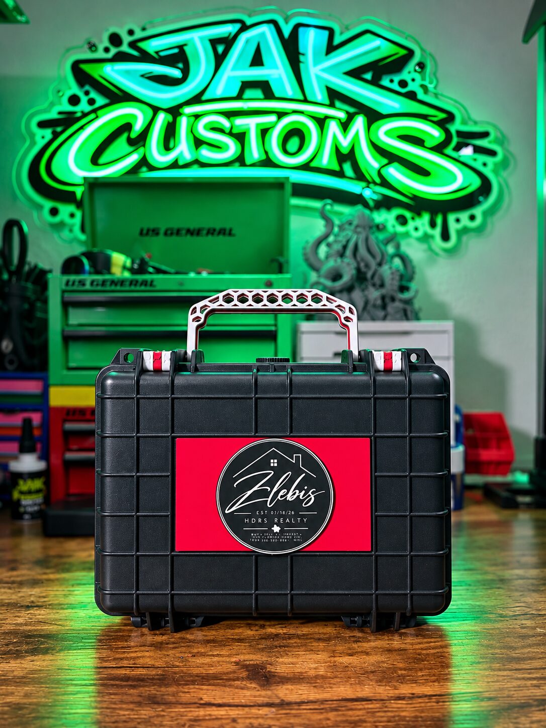 Black carry case with a red and black front panel