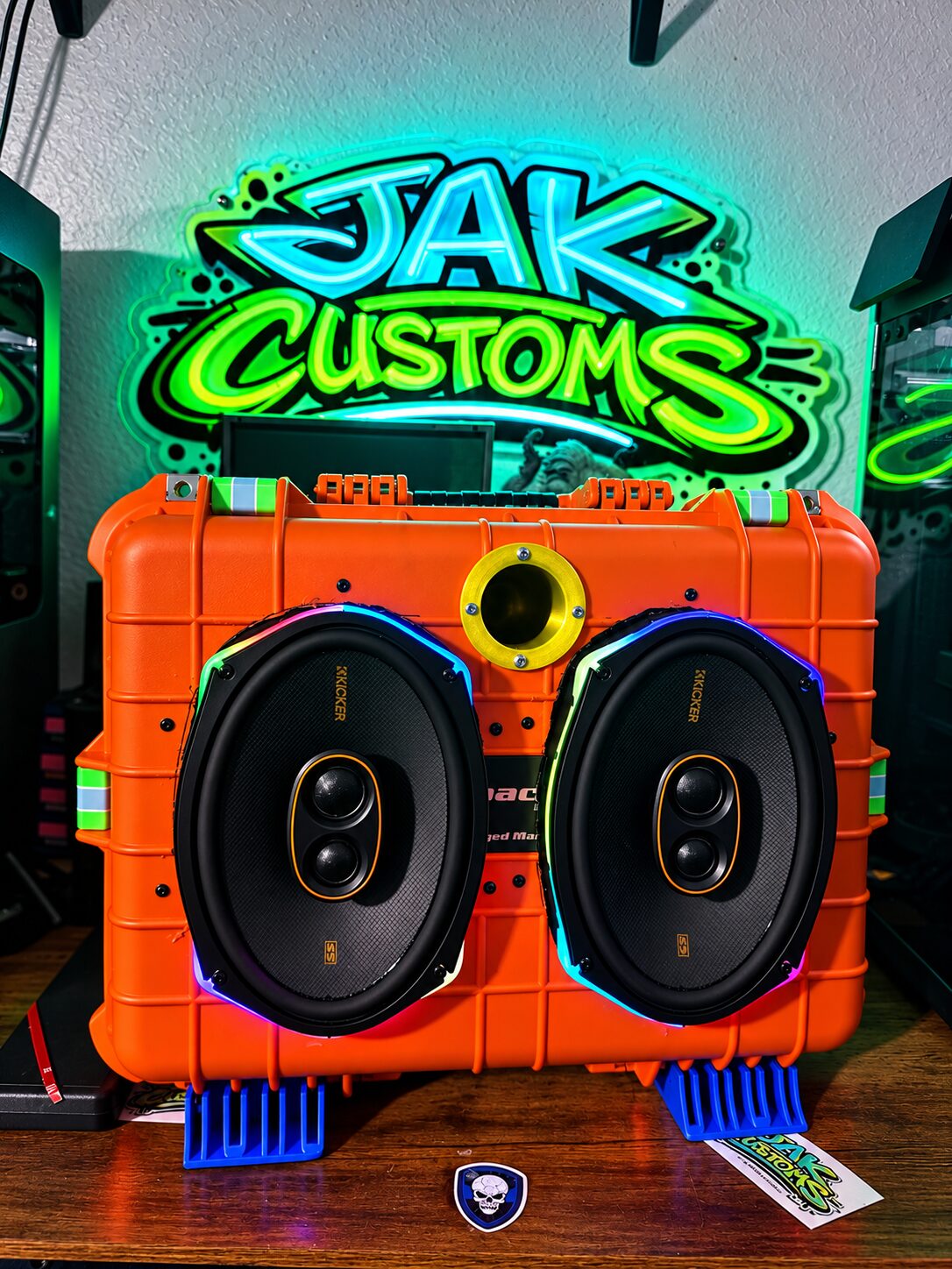Orange custom case with dual built-in speakers